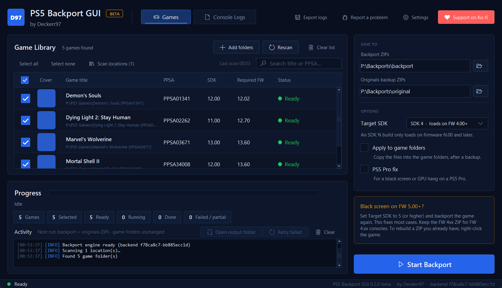 Proqramın real ekran görüntüsü: Game Library, oyunlar, çıxış qovluqları və progress paneli